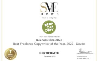 Certificate for 2022 best freelance copywriter awarded to Graeme Piper