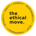 The Ethical Move logo in black on yellow with values in a circle outline: Honesty, Responsibility, Trust, Transparency, Integrity, Equity