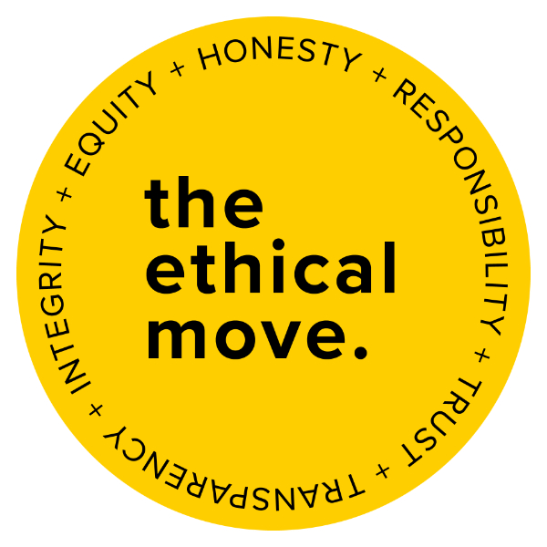 The Ethical Move logo in black on yellow with values in a circle outline: Honesty, Responsibility, Trust, Transparency, Integrity, Equity